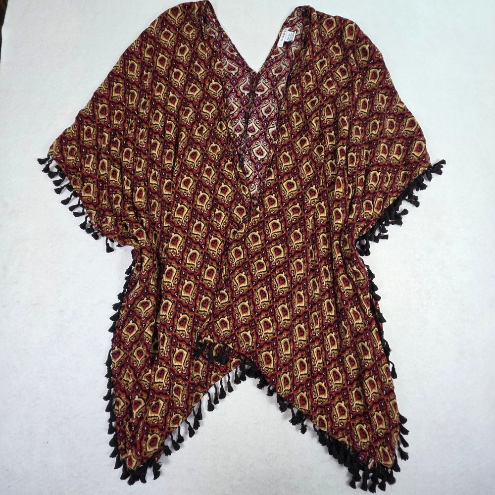 Glamorous Womens M/L Kimono Red Boho Tassel Fringe Geometric Ikat Print Good